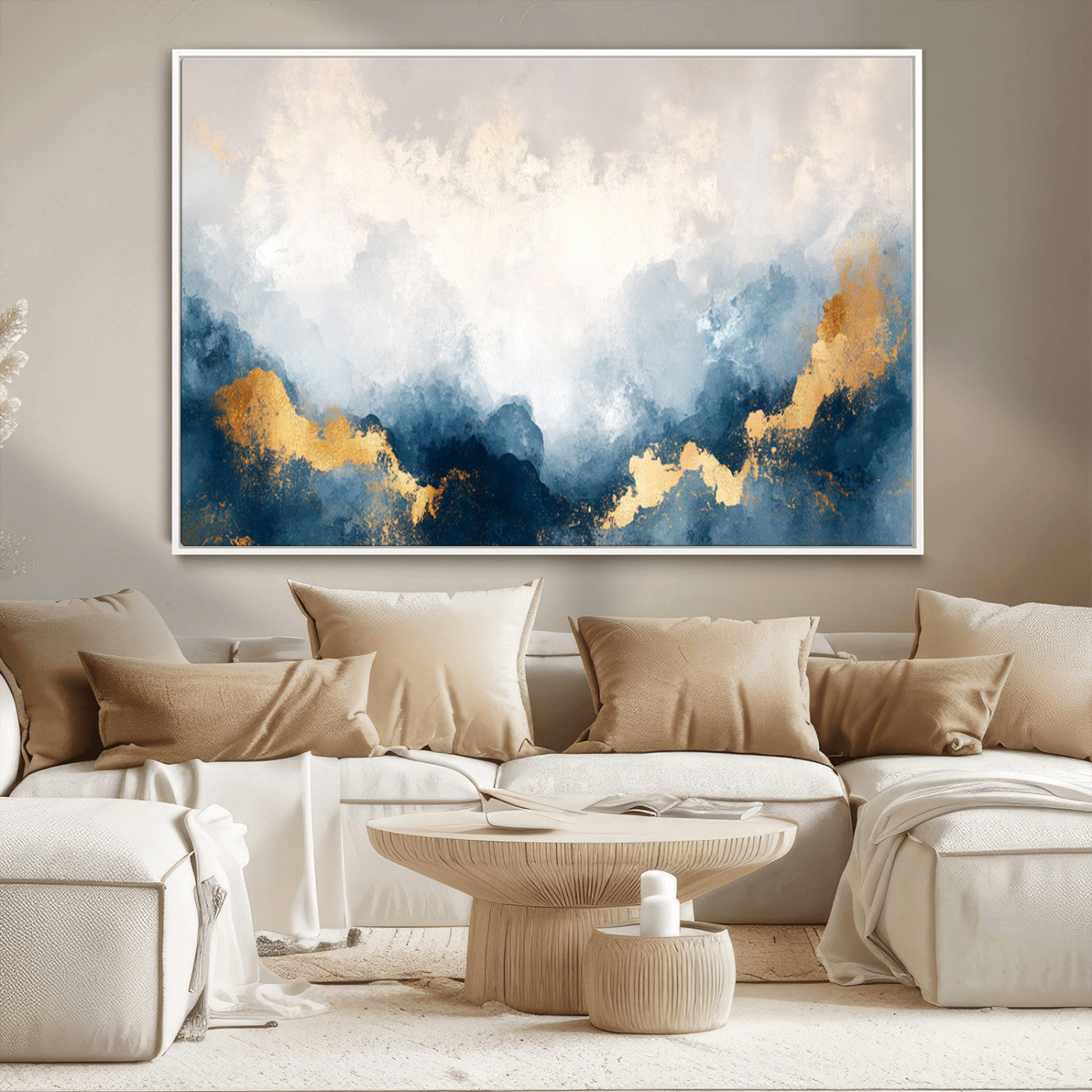14578-MGV-CV-36X24-Abstract Wall Art – Modern Canvas Print Featuring Blue and White Clouds with Golden Accents, Contemporary Elegant Artwork for