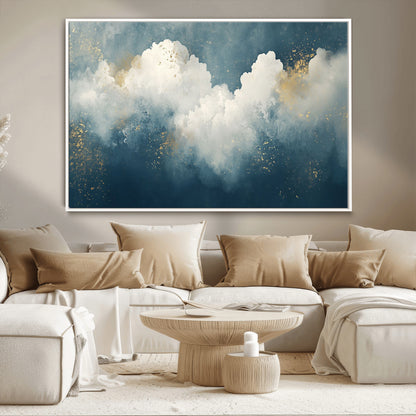 75131-MGV-CV-36X24-Abstract Cloud Wall Art – Modern Canvas Print Featuring Blue and White Clouds with Golden Accents, Contemporary Artwork for Living