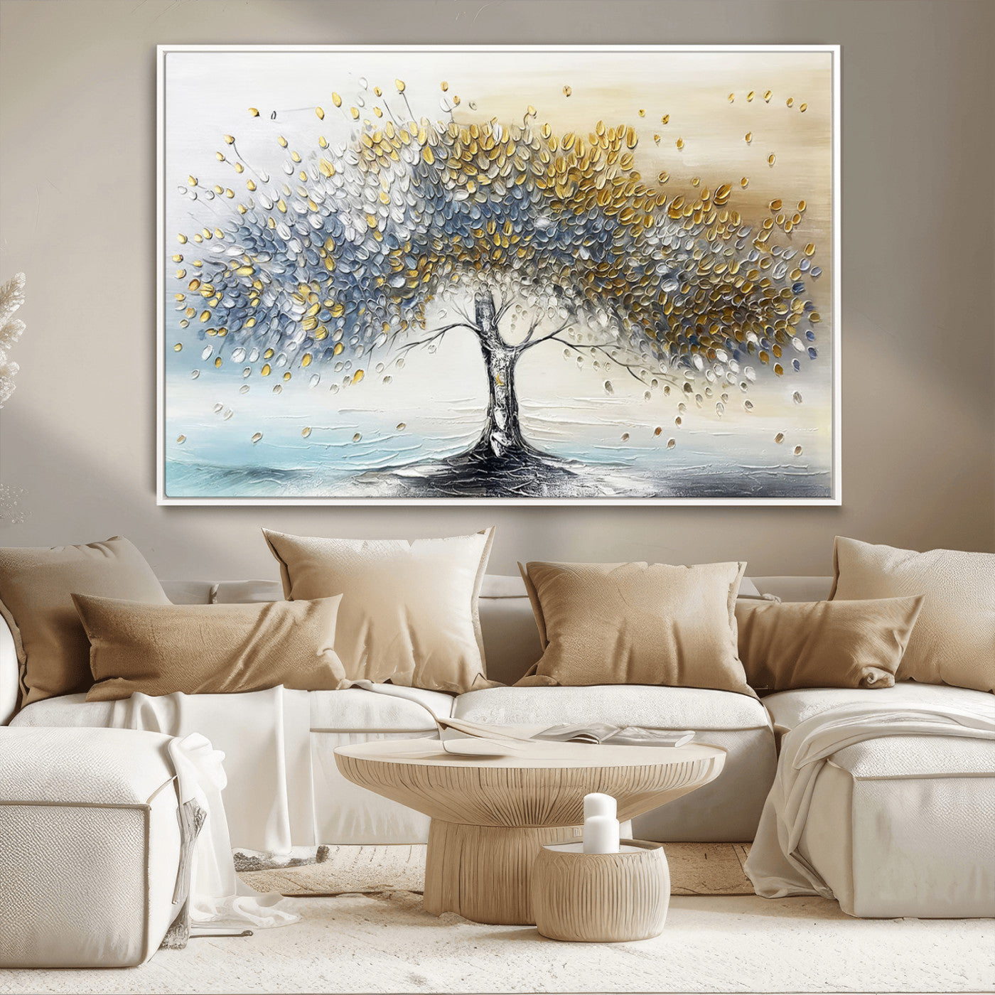 24771-MGV-CV-36X24-Silver Tree Wall Art Canvas Print, Framed Golden Leaves Art Picture Print, Metallic Tree Perfect Minimalist Luxury Decor Artwork