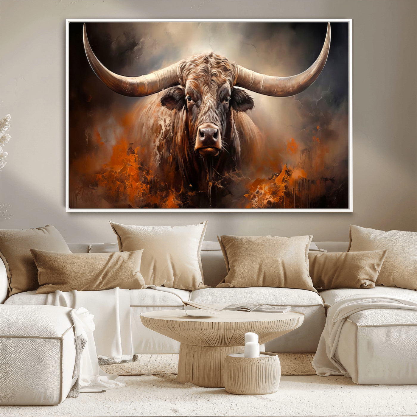 240479-MGV-CV-36X24-Longhorn Bull Wall Art – Dramatic Western Canvas Print Featuring Horned Bull with Fiery Background, Rustic Farmhouse Artwork for
