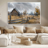 Farm1-MGV-CV-36X24-Rustic Autumn Farmhouse Wall Art – Serene Countryside Scene Canvas Print, Weathered Barn and Autumn Trees Decor for Living Room,