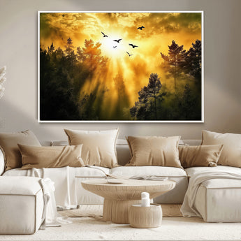 13776802-MGV-CV-36X24-Golden Forest Wall Art Canvas Print, Framed Sunset Pines Art Picture Print, Flying Birds Perfect Nature Glow Decor Artwork