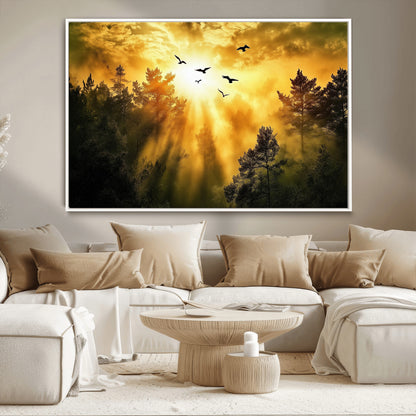 13776802-MGV-CV-36X24-Golden Forest Wall Art Canvas Print, Framed Sunset Pines Art Picture Print, Flying Birds Perfect Nature Glow Decor Artwork