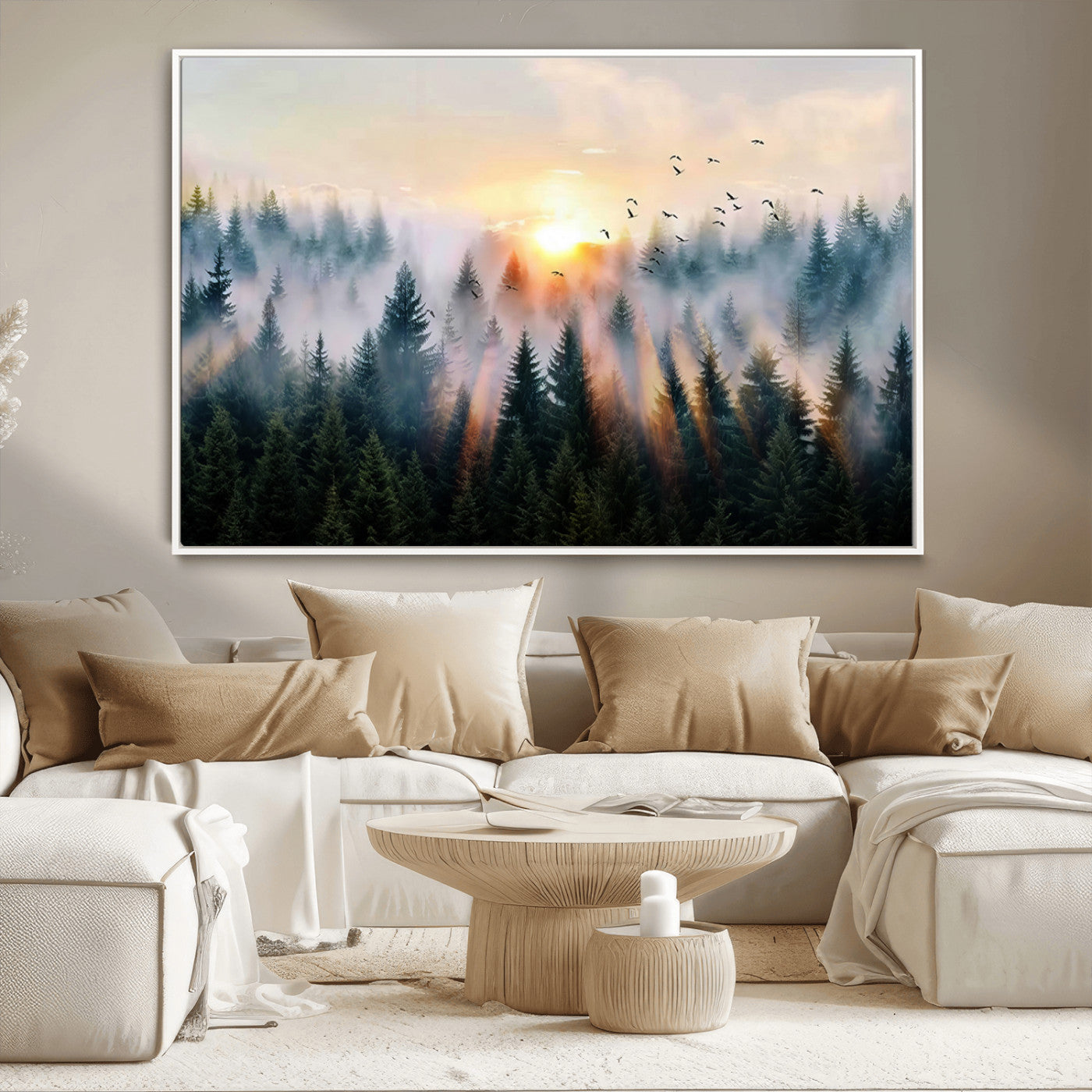 56391411-MGV-CV-36X24-Misty Forest Wall Art Canvas Print, Framed Sunrise Pines Art Picture Print, Moody Pines Perfect Serene Woodland Decor Artwork