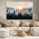56391411-MGV-CV-36X24-Misty Forest Wall Art Canvas Print, Framed Sunrise Pines Art Picture Print, Moody Pines Perfect Serene Woodland Decor Artwork