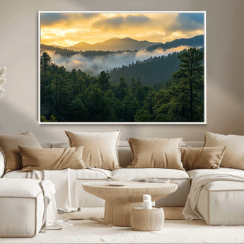 68082278-MGV-CV-36X24-Mountain Sunrise Wall Art Canvas Print, Framed Pine Forest Art Picture Print, Misty Mountains Perfect Earthy Woodland Decor