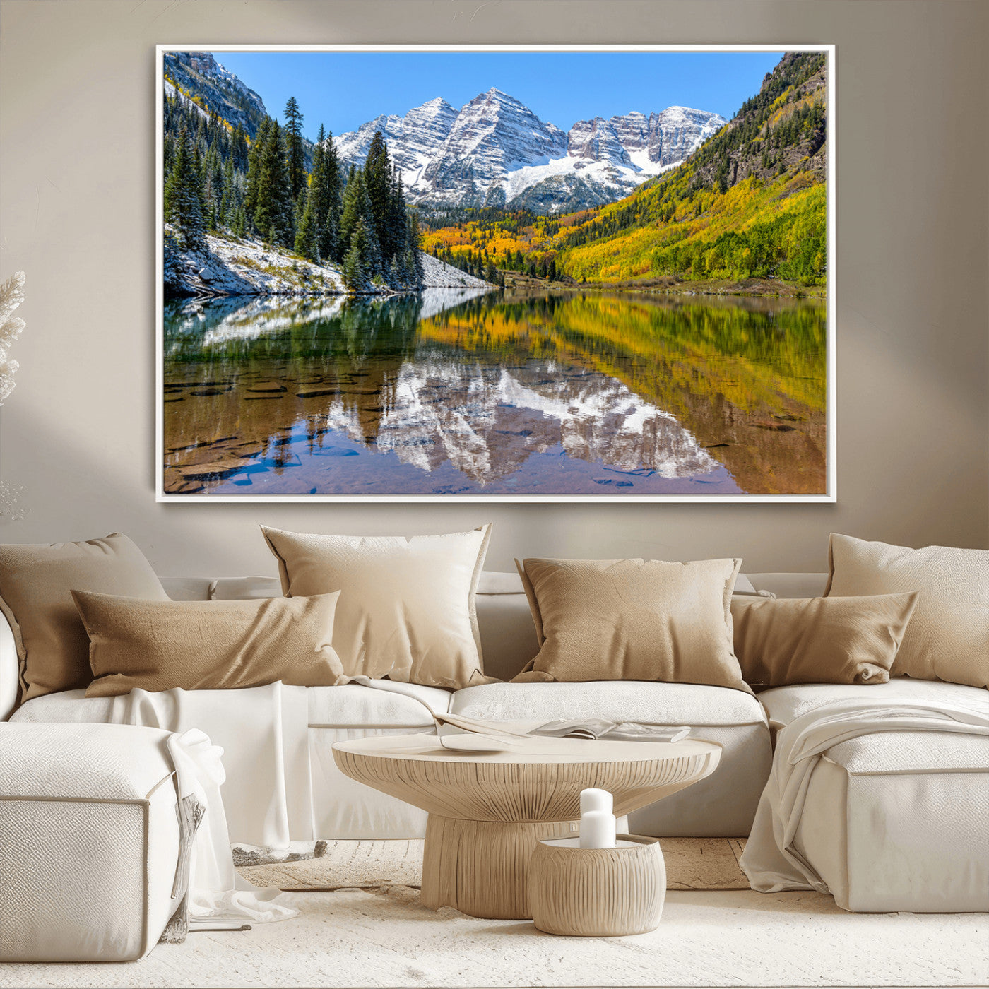 87724099-MGV-CV-36X24-Maroon Bells Wall Art Canvas Print, Framed Snowy Mountains Art Picture Print, Pine Forest Perfect Vibrant Alpine Decor Artwork