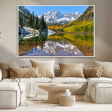 87724099-MGV-CV-36X24-Maroon Bells Wall Art Canvas Print, Framed Snowy Mountains Art Picture Print, Pine Forest Perfect Vibrant Alpine Decor Artwork