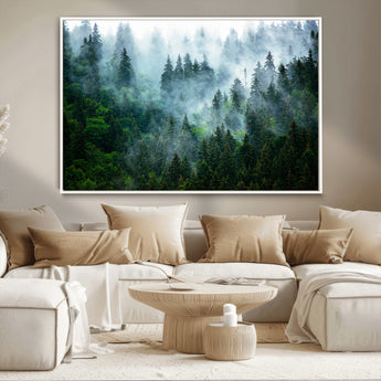 17393683-MGV-CV-36X24-Misty Forest Art Wall Art Canvas Print, Framed Foggy Mountain Art Art Picture Print, Scenic Wall Print Perfect Decor Artwork