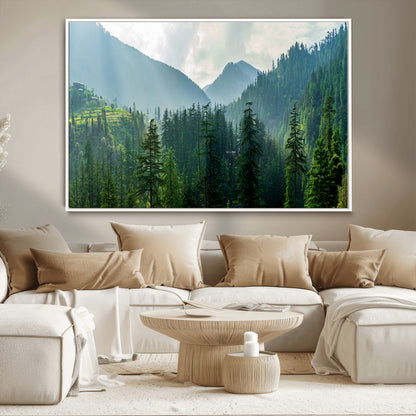 83417191-MGV-CV-36X24-Misty Mountain Forest Wall Art – Pine Tree Landscape Canvas Print, Nature Photography Panorama, Tranquil Green Forest Décor for