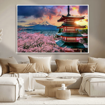 32331262-MGV-CV-36X24-Mount Fuji Japan Wall Art – Cherry Blossom Landscape Canvas Print, Chureito Pagoda Sunset Photography, Japanese Nature Travel