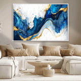33506371-MGV-CV-36X24-Blue Marble Wall Art Canvas Print, Framed Gold Splash Art Picture Print, Abstract Wave Perfect Modern Luxe Decor Artwork