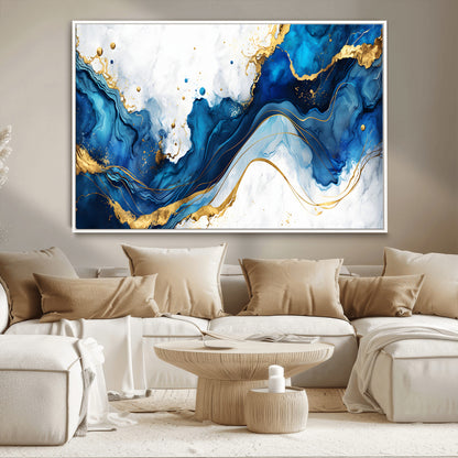 33506371-MGV-CV-36X24-Blue Marble Wall Art Canvas Print, Framed Gold Splash Art Picture Print, Abstract Wave Perfect Modern Luxe Decor Artwork