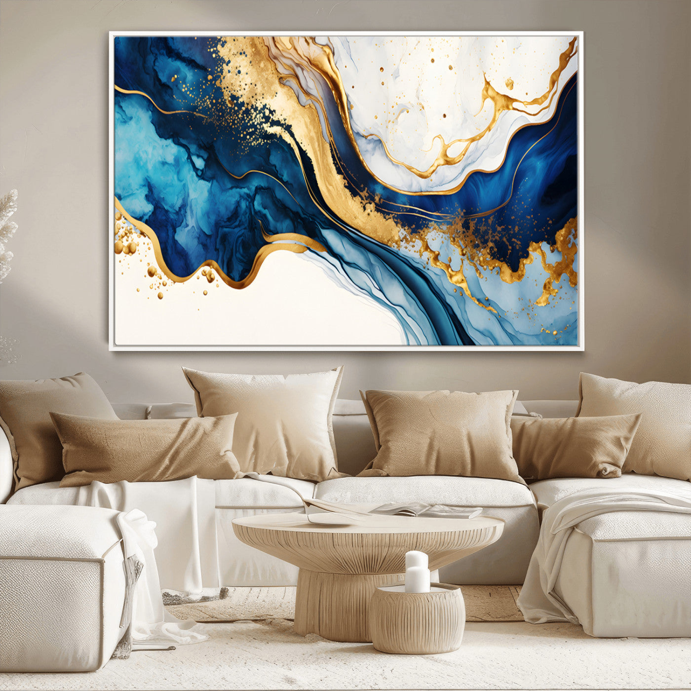 60283636-MGV-CV-36X24-Blue Gold Flow Wall Art Canvas Print, Framed Marble Texture Art Picture Print, Elegant Splash Perfect Elegant Abstract Decor