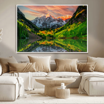 59533484-MGV-CV-36X24-Maroon Bells Autumn Wall Art – Panoramic Mountain Landscape Canvas Print, Sunset Reflection Nature Artwork for Living Room, Office