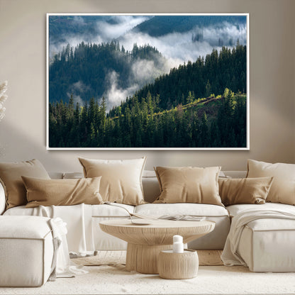 84598503-MGV-CV-36X24-Misty Forest Wall Art Canvas Print, Framed Pine Hills Art Picture Print, Moody Hills Perfect Moody Woodland Decor Artwork