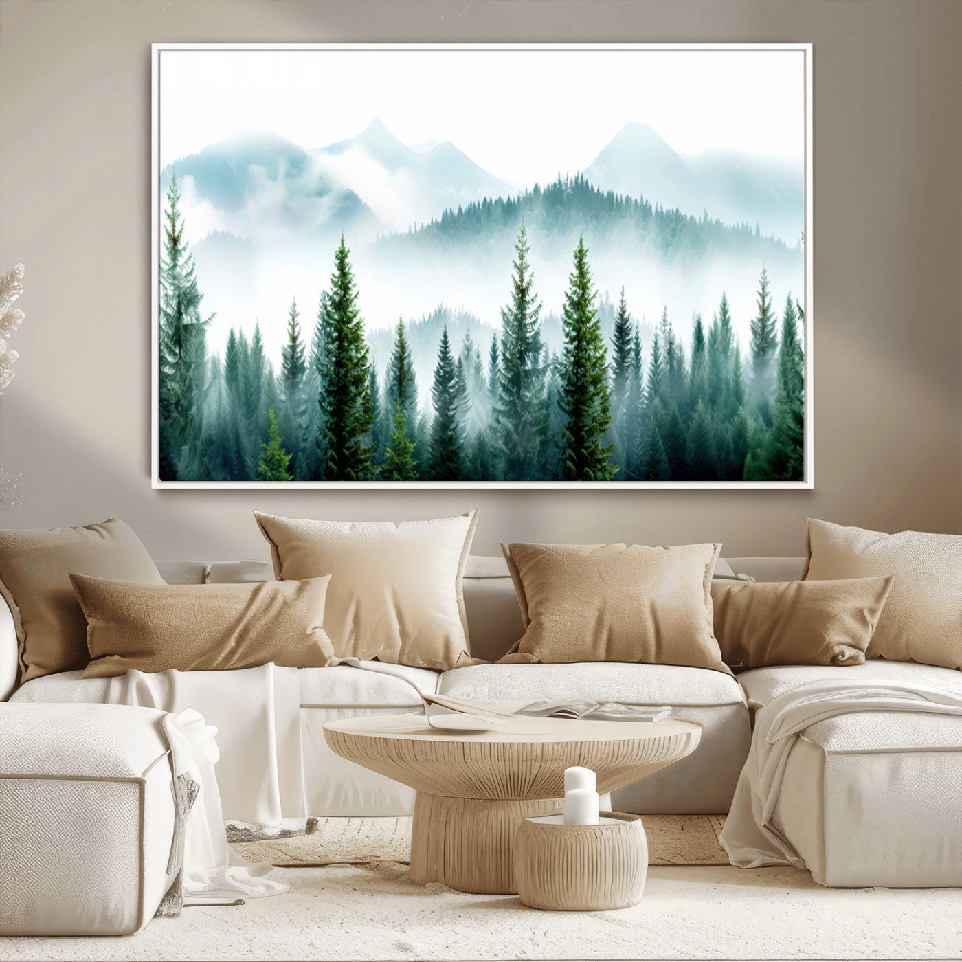 16716676-MGV-CV-36X24-Pine Forest Wall Art Canvas Print, Framed Misty Mountains Art Picture Print, Foggy Trees Perfect Moody Forest Decor Artwork