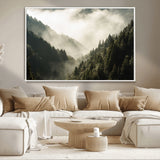 57570237-MGV-CV-36X24-Misty Valley Wall Art Canvas Print, Framed Foggy Forest Art Picture Print, Pine Trees Perfect Moody Woodland Decor Artwork