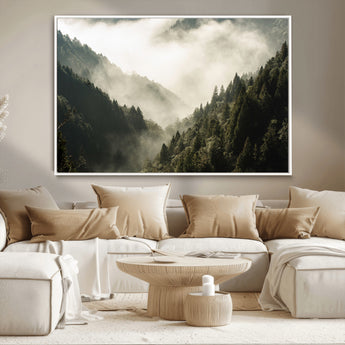 57570237-MGV-CV-36X24-Misty Valley Wall Art Canvas Print, Framed Foggy Forest Art Picture Print, Pine Trees Perfect Moody Woodland Decor Artwork