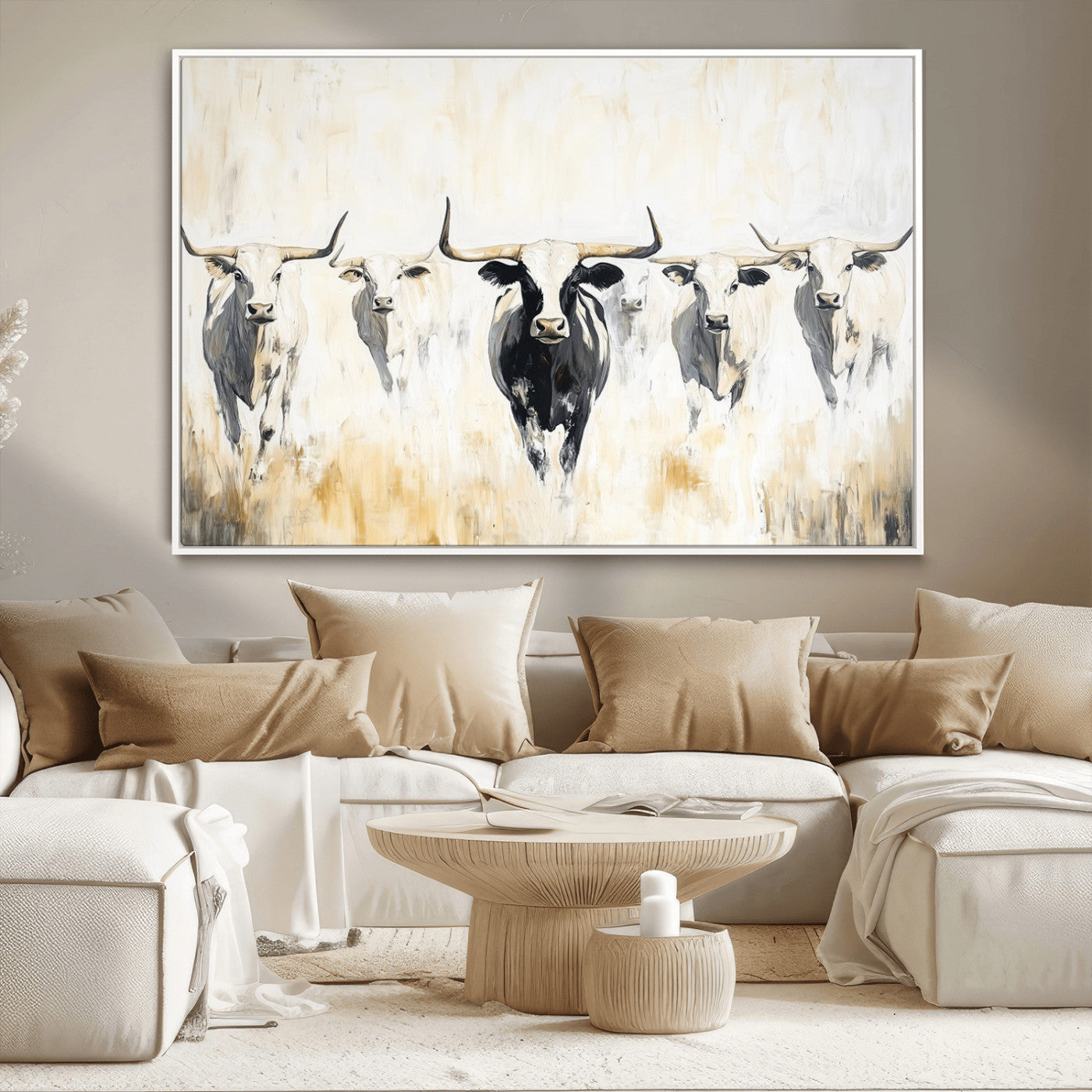 40397799-MGV-CV-36X24-Texas Longhorn Wall Art Canvas Print, Framed Rustic Herd Art Picture Print, Western Bull Perfect Neutral Western Decor Artwork