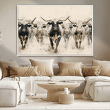 61538944-MGV-CV-36X24-Texas Longhorn Wall Art Canvas Print, Framed Cattles Walking Art Picture Print, Black White Bulls Perfect Rustic Western Decor