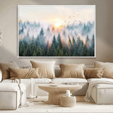92718976-MGV-CV-36X24-Misty Forest Wall Art Canvas Print, Framed Sunrise Pines Art Picture Print, Foggy Woodland Perfect Moody Woodland Decor Artwork