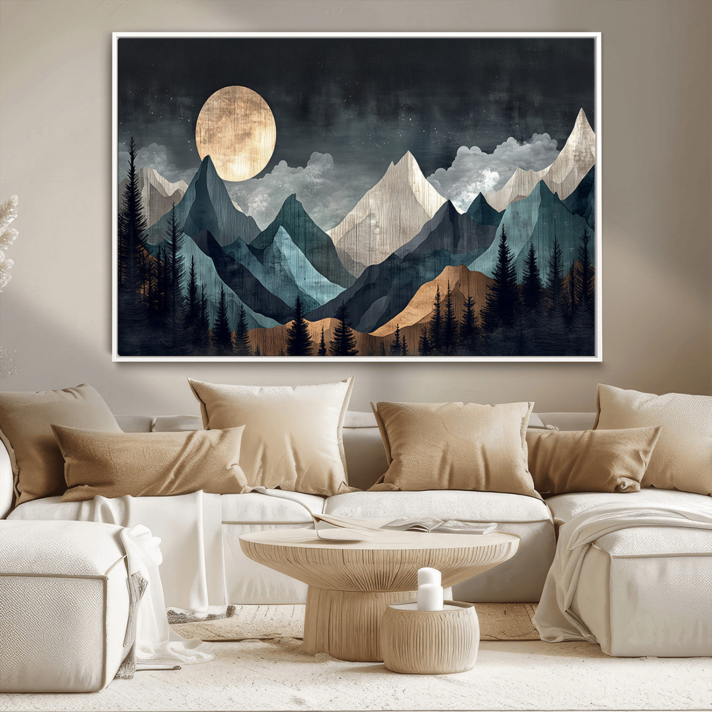 11060882-MGV-CV-36X24-Moonlit Mountains Wall Art Canvas Print, Framed Forest Silhouette Art Picture Print, Night Landscape Perfect Modern Forest Decor