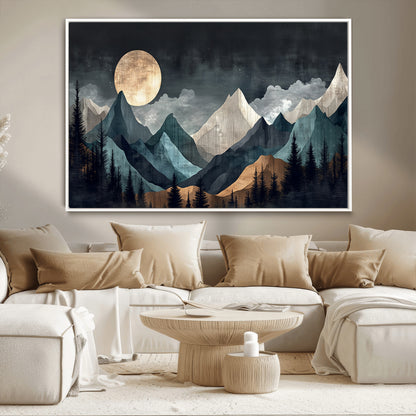 11060882-MGV-CV-36X24-Moonlit Mountains Wall Art Canvas Print, Framed Forest Silhouette Art Picture Print, Night Landscape Perfect Modern Forest Decor
