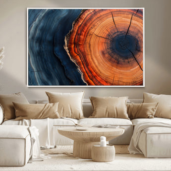 57732250-MGV-CV-36X24-Tree Ring Abstract Wall Art – Blue Orange Wood Grain Canvas Print, Modern Rustic Nature Artwork for Living Room, Office,