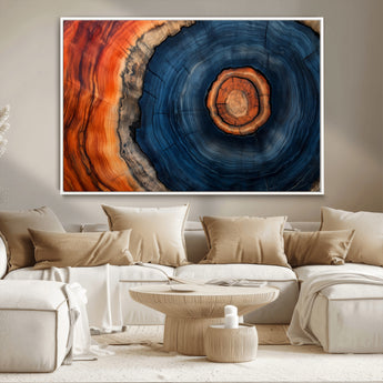 72209152-MGV-CV-36X24-Abstract Tree Ring Wall Art – Vibrant Blue Orange Wood Grain Canvas Print, Rustic Modern Nature Artwork for Living Room, Office,