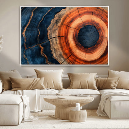 41123192-MGV-CV-36X24-Tree Ring Canvas Wall Art – Abstract Blue Orange Wood Grain Print, Rustic Modern Nature Artwork for Living Room, Bedroom, Office