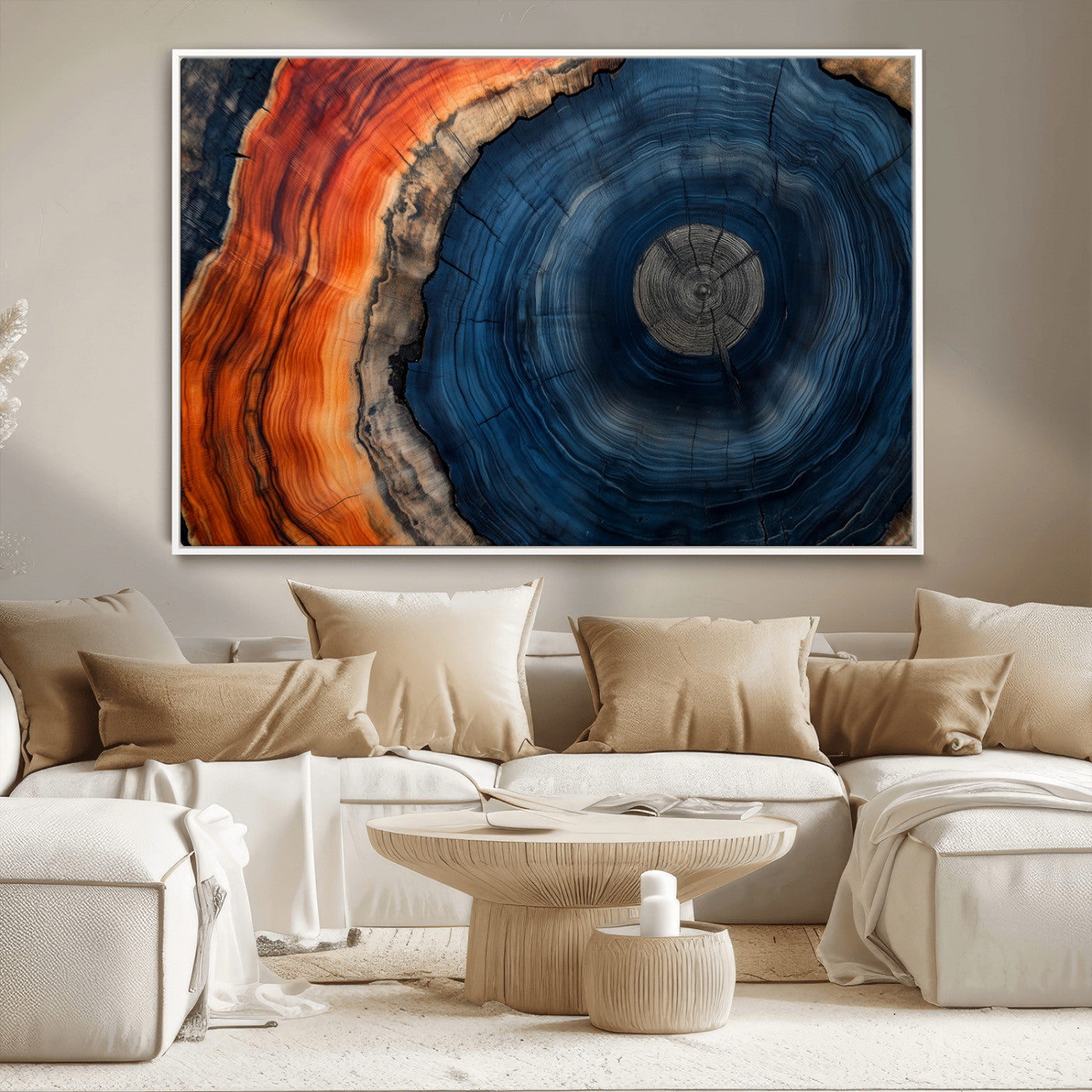 99491700-MGV-CV-36X24-Tree Ring Canvas Wall Art – Blue Orange Abstract Wood Grain Print, Rustic Modern Nature Artwork for Living Room, Office, Bedroom