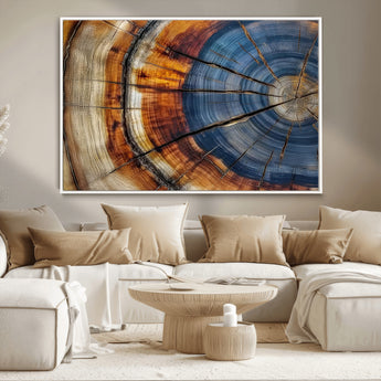 18032999-MGV-CV-36X24-Tree Ring Wall Art – Blue Brown Abstract Wood Slice Canvas Print, Rustic Modern Nature Decor for Living Room, Office, Bedroom or