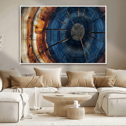 60099360-MGV-CV-36X24-Blue Tree Ring Wall Art – Rustic Wood Grain Canvas Print, Modern Abstract Artwork with Natural Texture for Living Room, Bedroom,