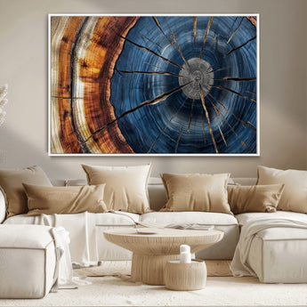 45268471-MGV-CV-36X24-Blue Tree Ring Wall Art – Rustic Wood Cross Section Canvas Print, Modern Abstract Nature Decor for Living Room, Office, or Cabin