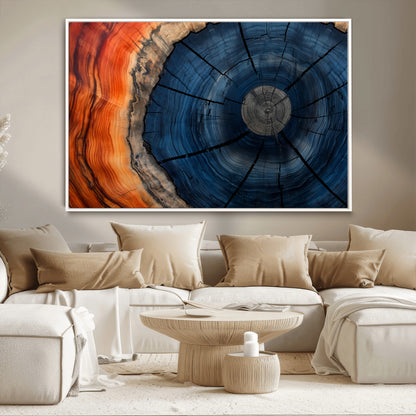 26110607-MGV-CV-36X24-Blue and Orange Tree Ring Wall Art – Abstract Wood Cross Section Canvas Print, Modern Rustic Nature Decor for Living Room, Office,