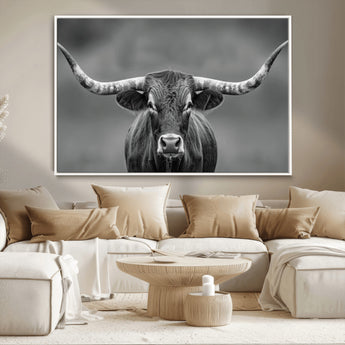 81228550-MGV-CV-36X24-Framed Texas Longhorn Bull Art Canvas Print, Western Bull Wall Art Print, Long Horn Bull Photo Print for Log Cabin, Large Bull