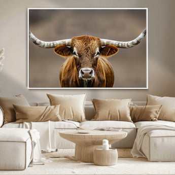 12179171-MGV-CV-36X24-Texas Longhorn Wall Art Canvas Print, Framed Brown Bull Art Picture Print, Lone Cattle Perfect Rustic Western Decor Artwork