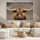 12179171-MGV-CV-36X24-Texas Longhorn Wall Art Canvas Print, Framed Brown Bull Art Picture Print, Lone Cattle Perfect Rustic Western Decor Artwork
