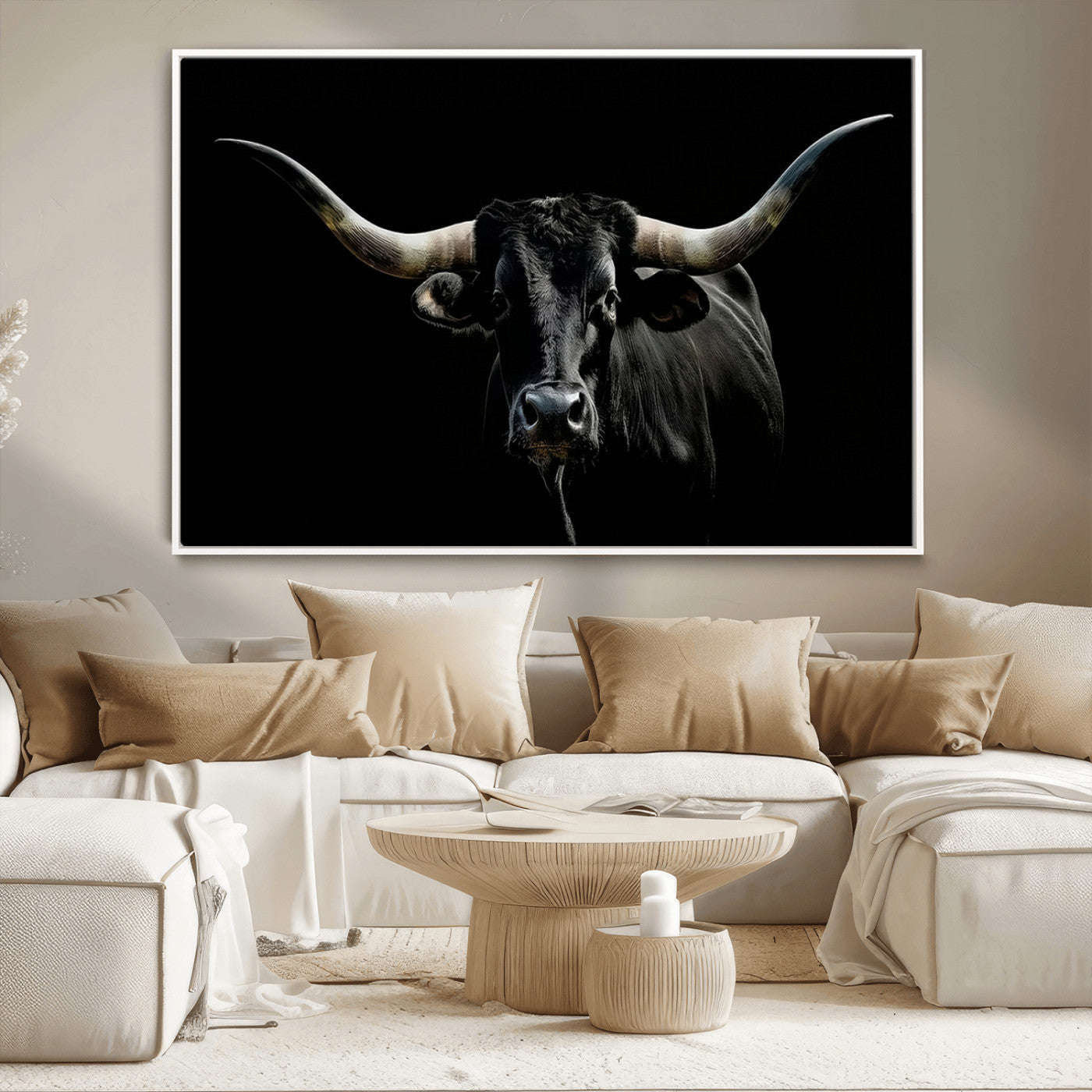 37531960-MGV-CV-36X24-Black Longhorn Bull Wall Art – Dramatic Western Cattle Canvas Print, Rustic Farmhouse Animal Artwork for Living Room, Bedroom,
