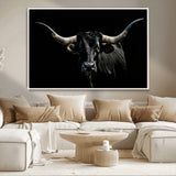 37531960-MGV-CV-36X24-Black Longhorn Bull Wall Art – Dramatic Western Cattle Canvas Print, Rustic Farmhouse Animal Artwork for Living Room, Bedroom,
