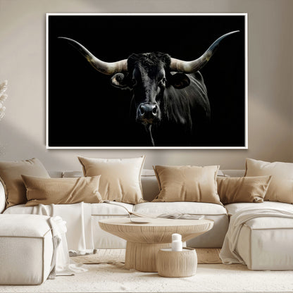 37531960-MGV-CV-36X24-Black Longhorn Bull Wall Art – Dramatic Western Cattle Canvas Print, Rustic Farmhouse Animal Artwork for Living Room, Bedroom,