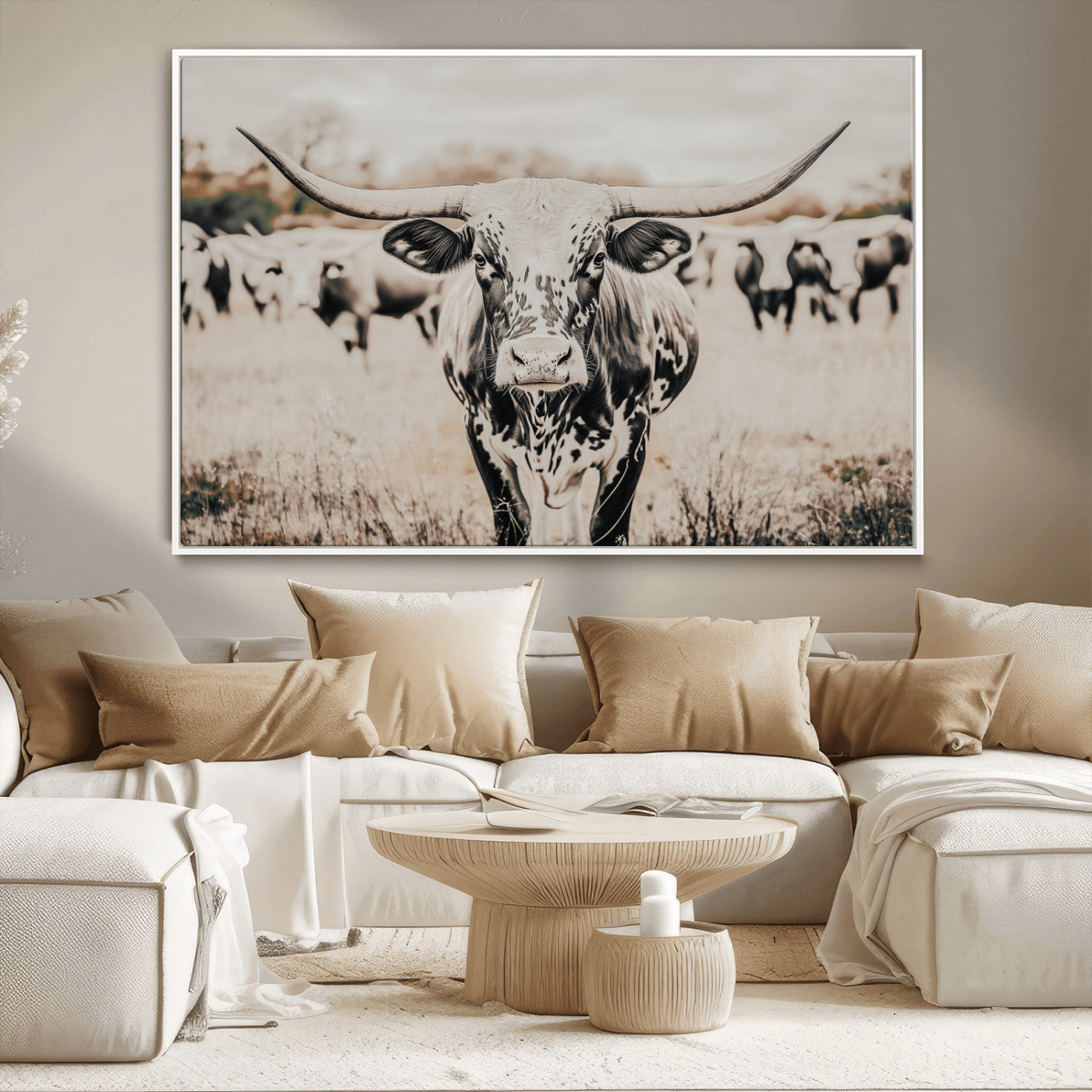 27497342-MGV-CV-36X24-Texas Longhorn Wall Art Canvas Print, Framed Speckled Cow Art Picture Print, Horned Cattle Perfect Rustic Western Decor Artwork