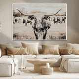 27497342-MGV-CV-36X24-Texas Longhorn Wall Art Canvas Print, Framed Speckled Cow Art Picture Print, Horned Cattle Perfect Rustic Western Decor Artwork