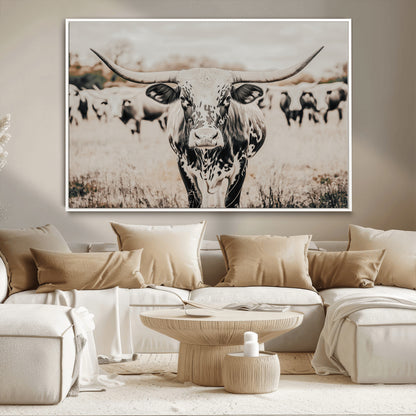 27497342-MGV-CV-36X24-Texas Longhorn Wall Art Canvas Print, Framed Speckled Cow Art Picture Print, Horned Cattle Perfect Rustic Western Decor Artwork