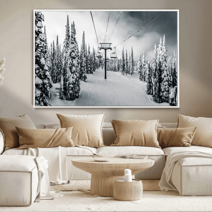 31156828-MGV-CV-36X24-Snowy Pines Wall Art Canvas Print, Framed Ski Lift Art Picture Print, Winter Forest Perfect Moody Lodge Decor Artwork