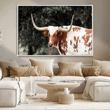 54027638-MGV-CV-36X24-Texas Longhorn Wall Art Canvas Print, Framed Spotted Cow Art Picture Print, Horned Bull Perfect Rustic Western Decor Artwork