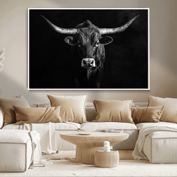 42077175-MGV-CV-36X24-Texas Longhorn Wall Art Canvas Print, Framed Monochrome Bull Art Picture Print, Horned Bull Perfect Rustic Western Decor Artwork