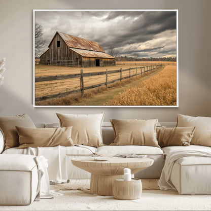 26821575-MGV-FC-36X24_White-Old Barn Wall Art Canvas Print, Framed Rustic Barn Art Picture Print, Moody Farm Perfect Rustic Farmhouse Decor Artwork