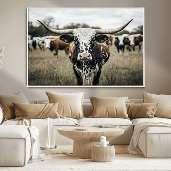 79025945-MGV-FC-36X24_White-Texas Longhorn Wall Art Canvas Print, Framed Speckled Cow Art Picture Print, Horned Cattle Perfect Rustic Western Decor Artwork